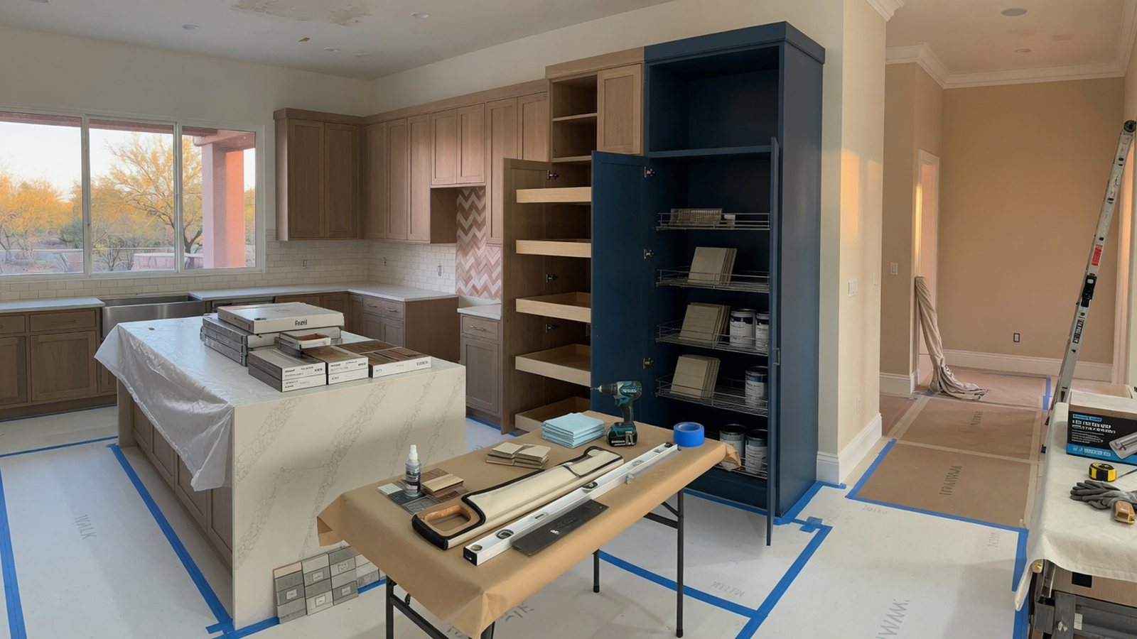 Clean remodeling worksite detail with covered floors, organized materials and tools