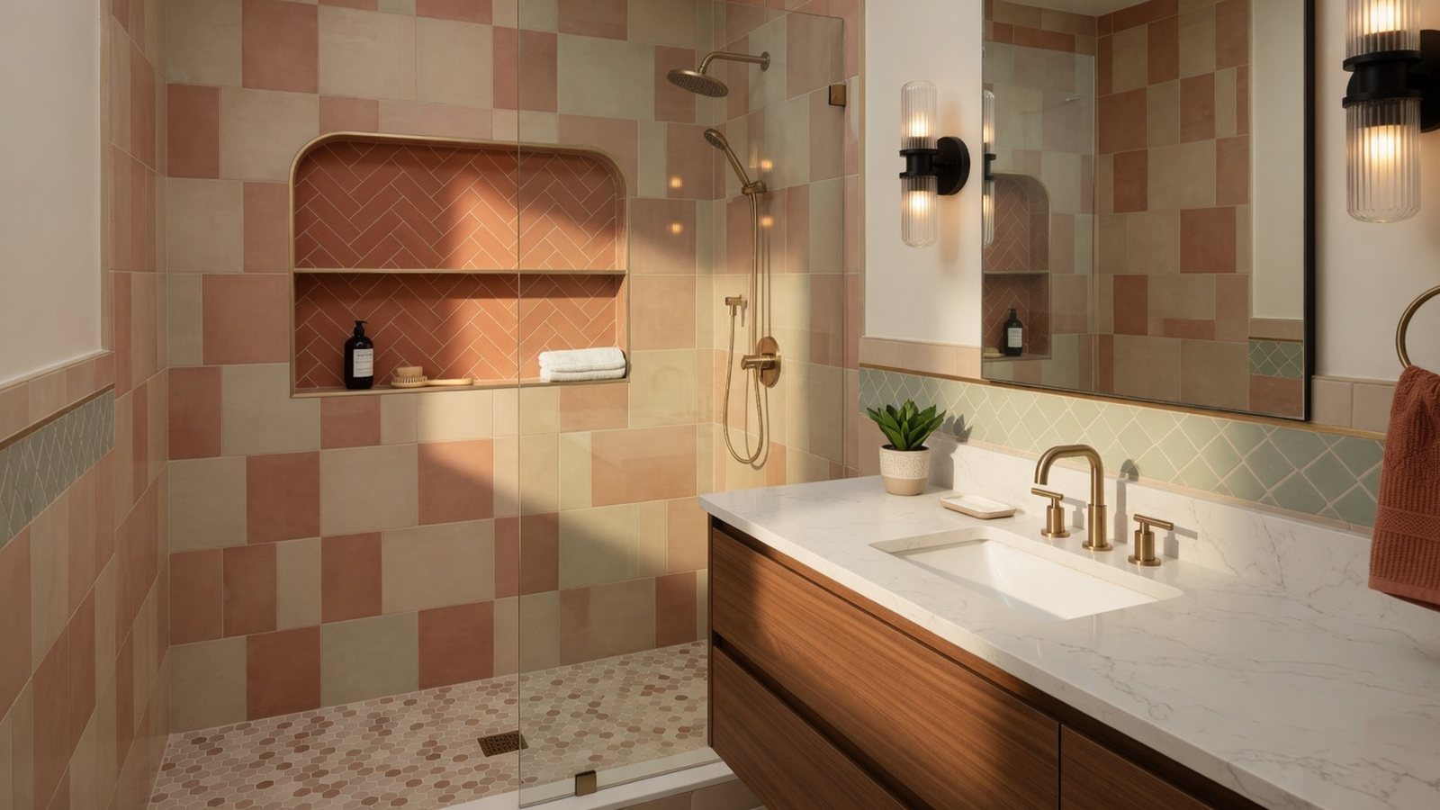 Bathroom remodel detail with tile niche, vanity lighting and clean fixture finishes