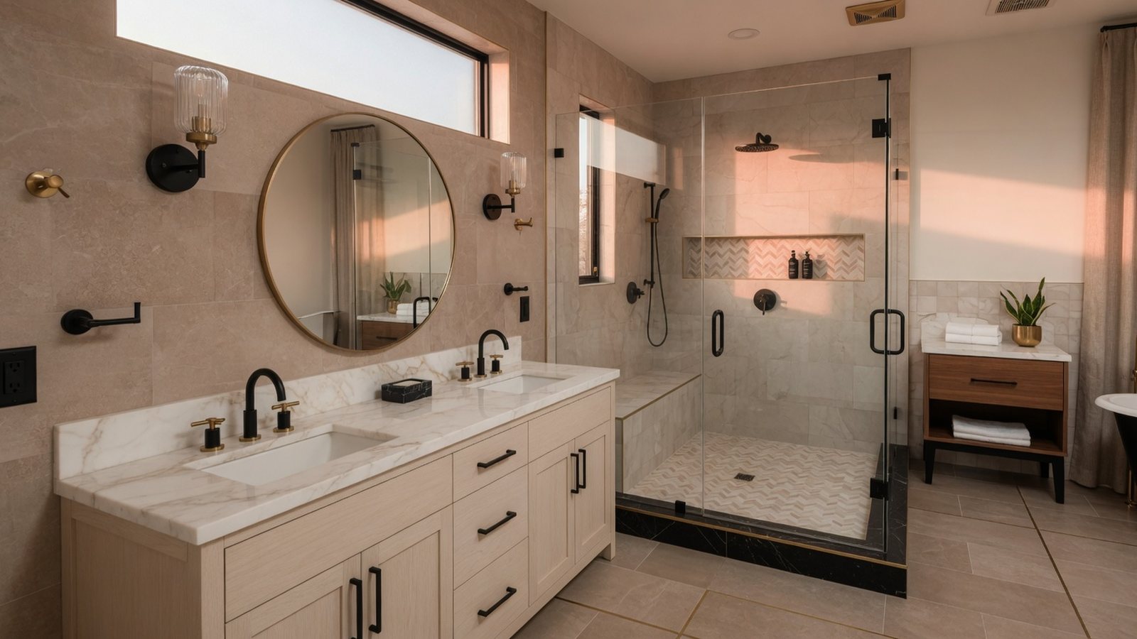 Spa style bathroom remodel with glass shower, tile walls and double vanity