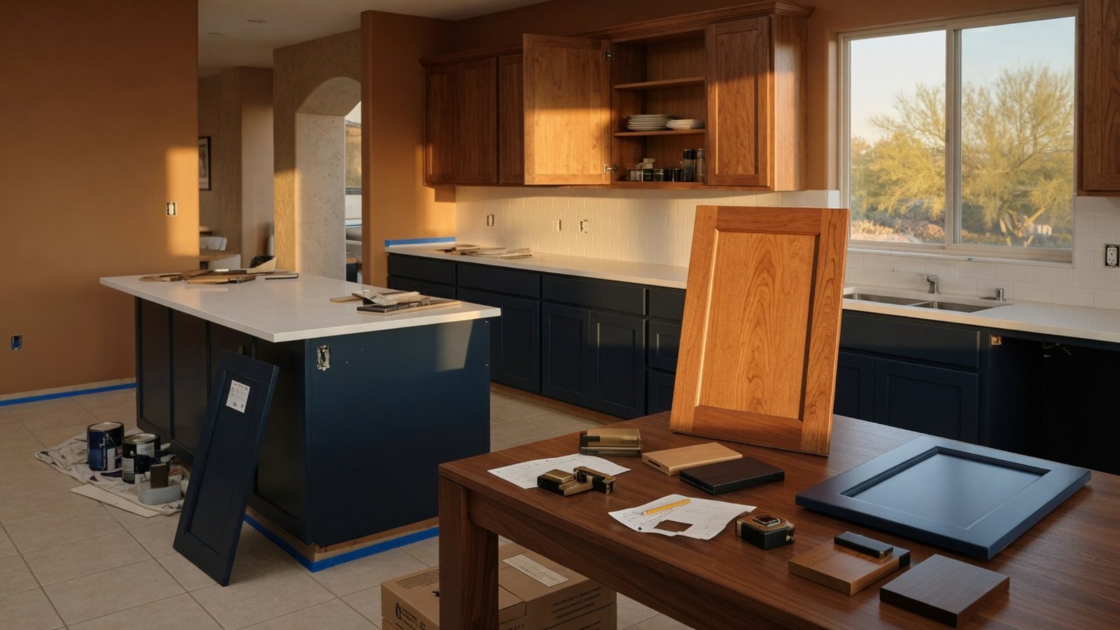 Cabinet remodeling scene with shaker door profiles, warm wood and navy finish options