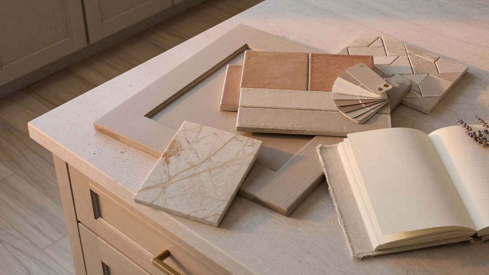 Cabinet, tile and countertop samples arranged for remodeling budget planning