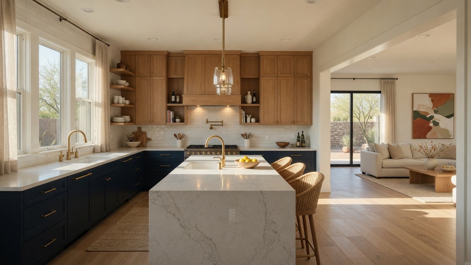 Warm remodeled Gilbert kitchen opening into a bright living area with navy cabinetry and brass fixtures