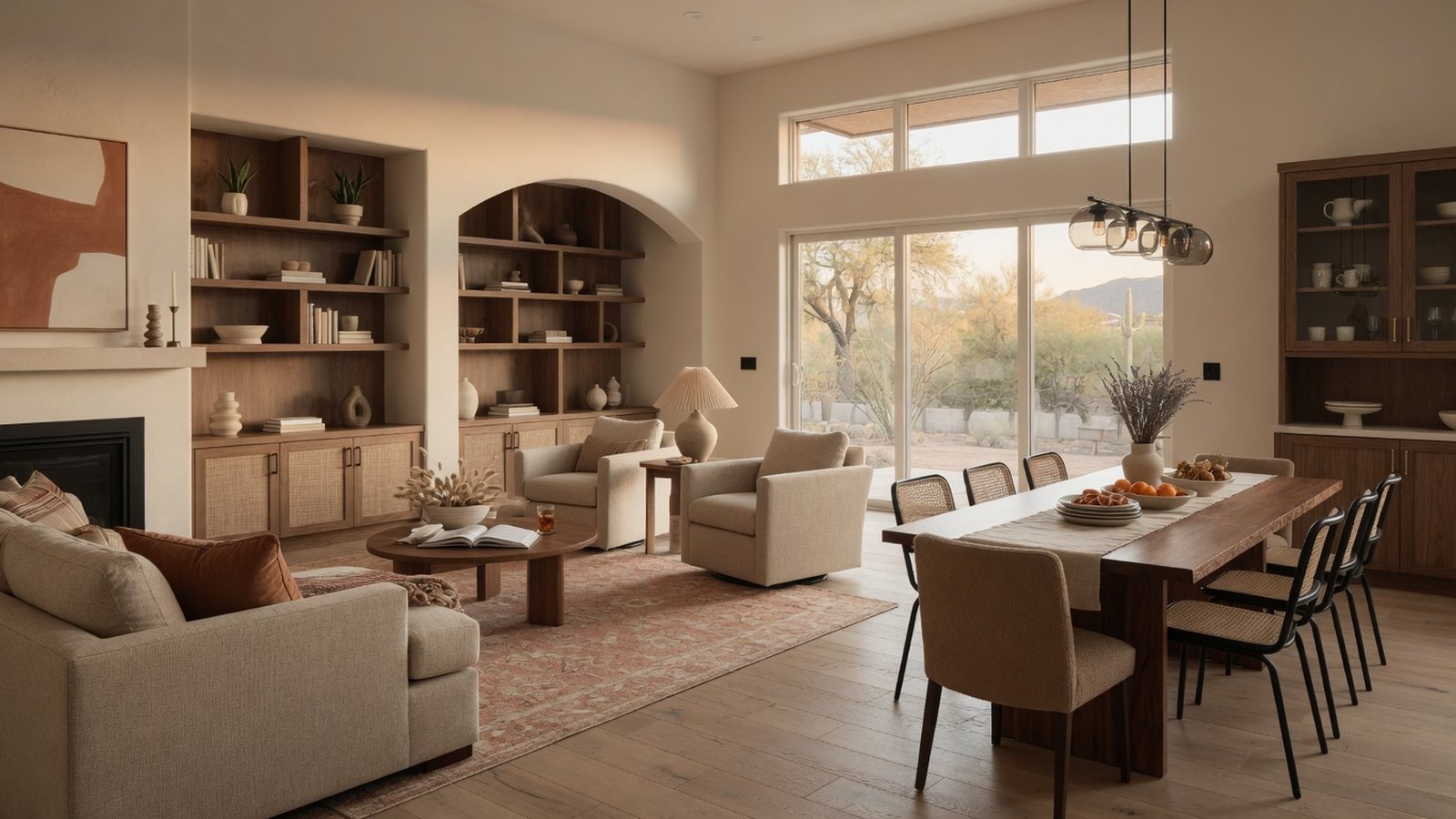Open concept living and dining remodel with warm floors, built-ins and natural light