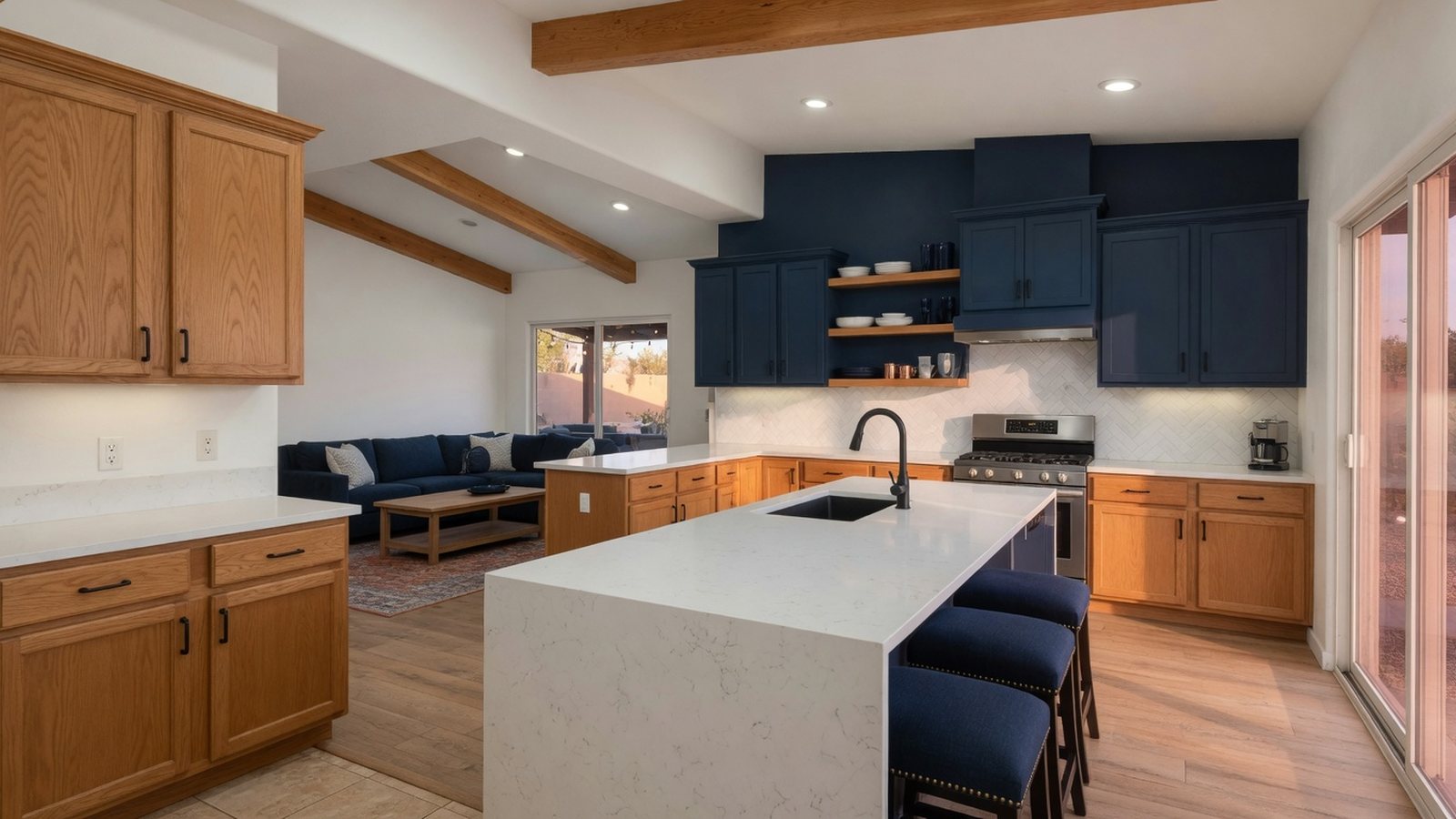 Updated open kitchen and living space with warm finishes and improved flow