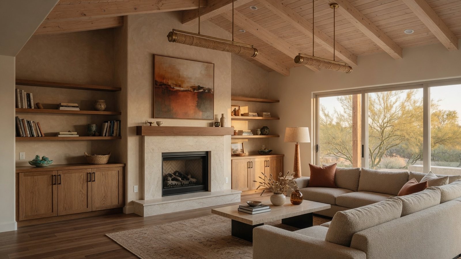 Living room interior remodel with fireplace surround, built-ins and warm architectural details