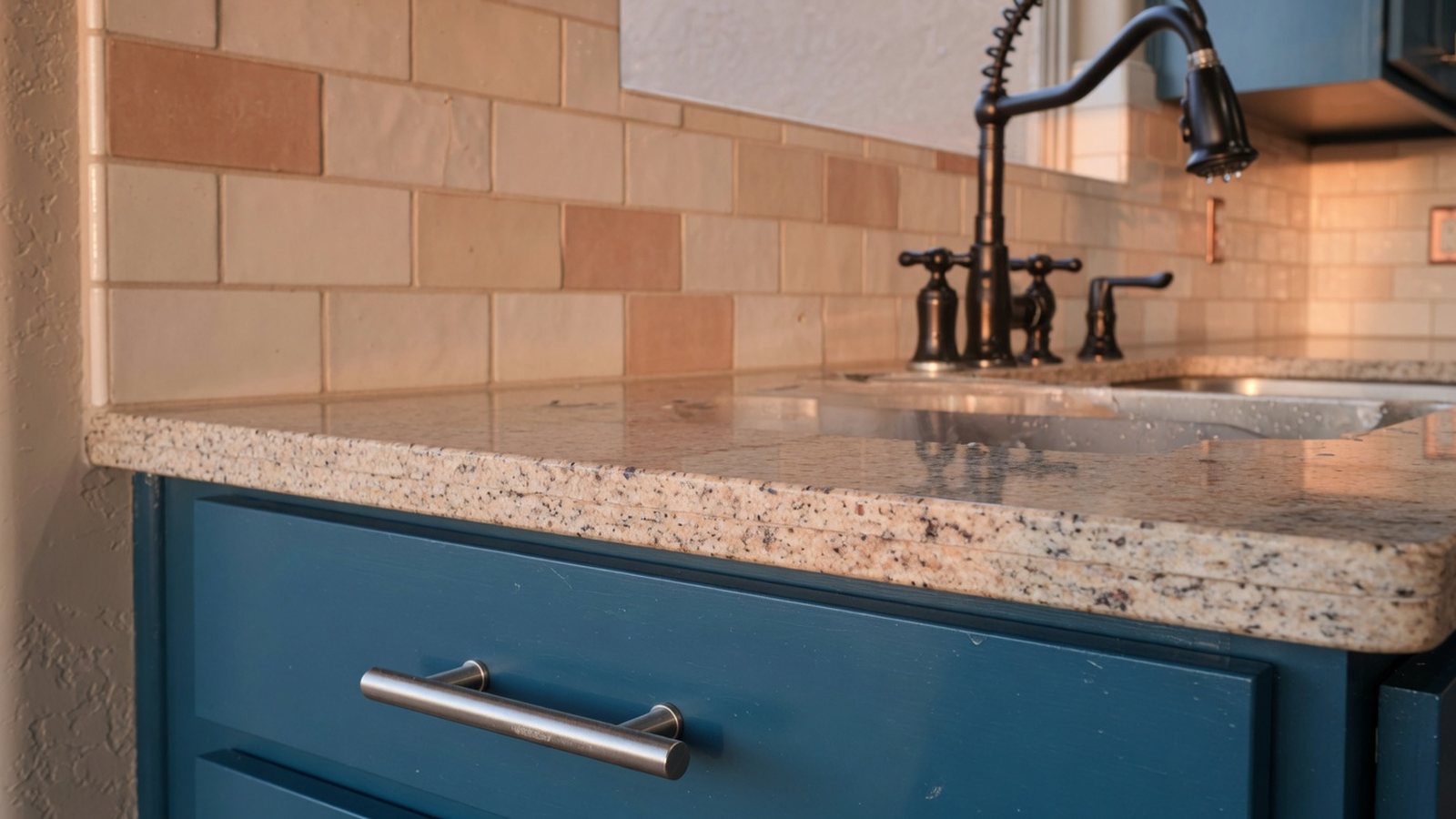 Close detail of remodeled kitchen cabinet hardware, backsplash tile and countertop edge