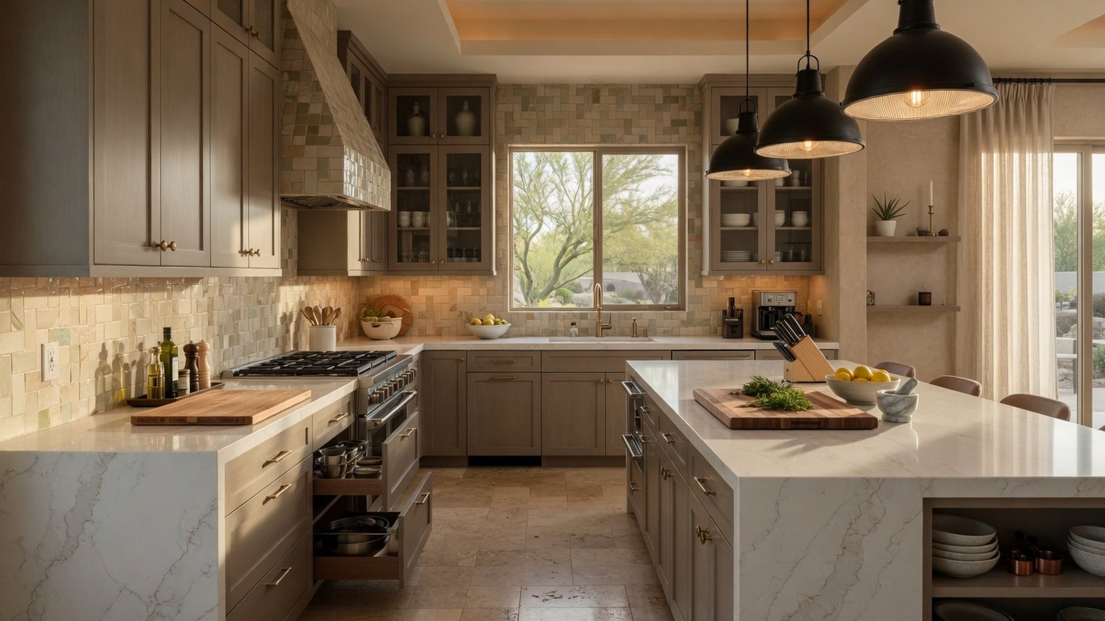 Kitchen remodel with quartz island, custom cabinetry, tile backsplash and pendant lighting