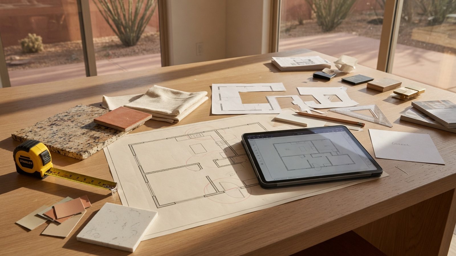 Remodel planning table with material samples, floor plan shapes and a tape measure
