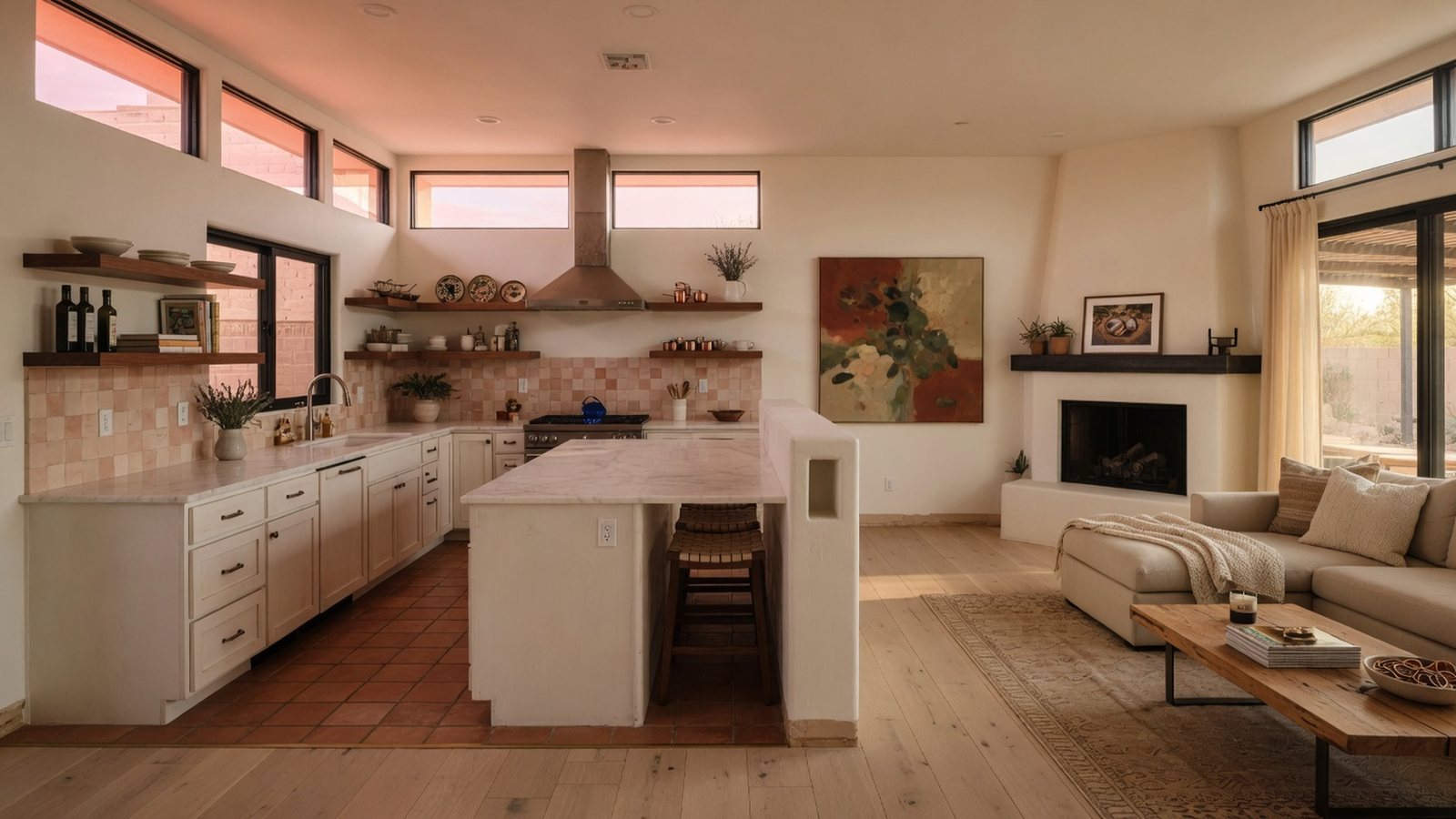 Wide remodeled kitchen and living area for project story inspiration