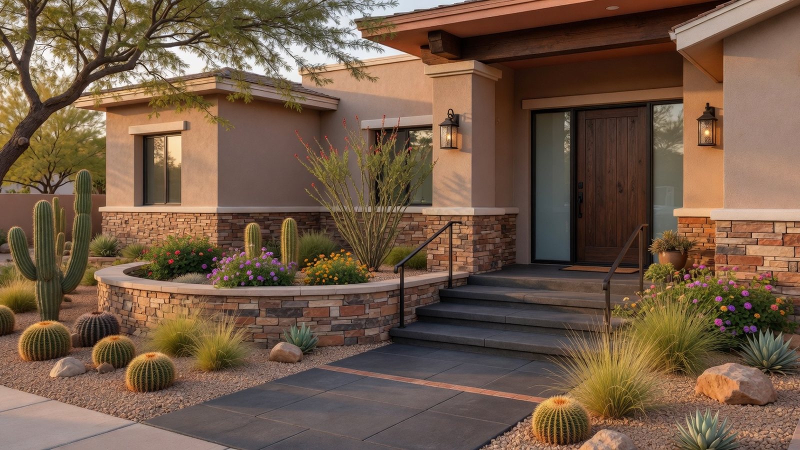East Valley home entry with warm desert landscaping and refreshed exterior details