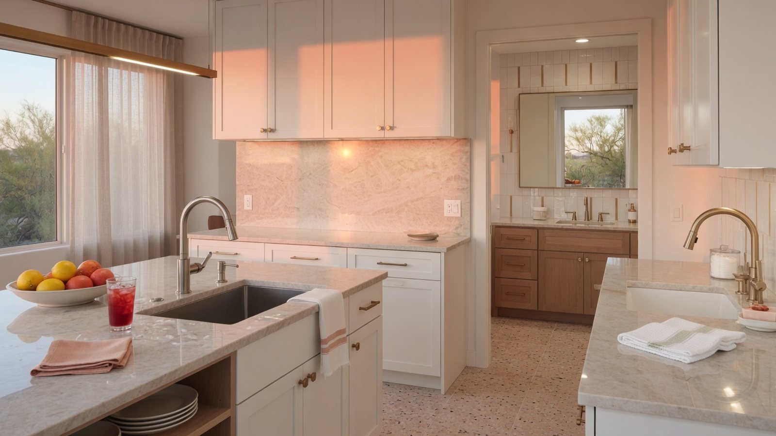 Bright finished kitchen detail with warm cabinetry and polished surfaces